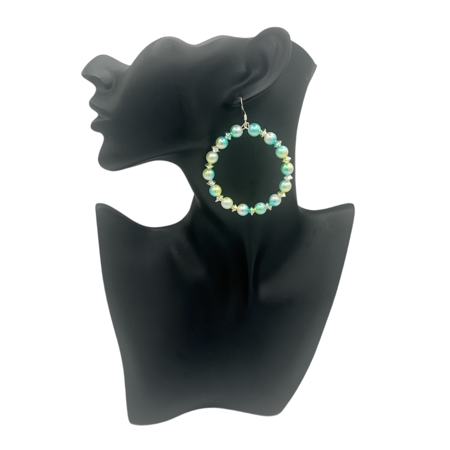 Tanzu| Green Pearl Jumbo Hoop Earrings W/Silver Accent