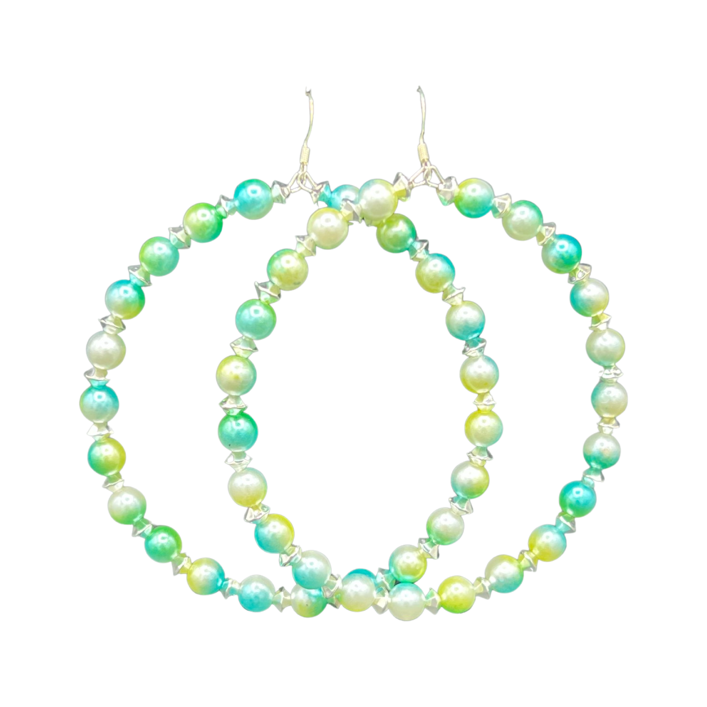 Tanzu| Green Pearl Jumbo Hoop Earrings W/Silver Accent