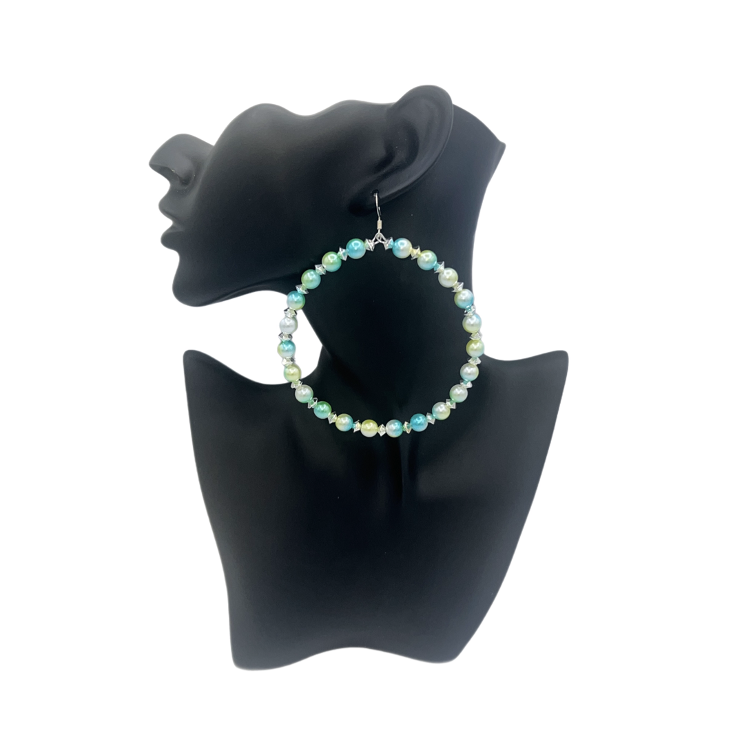 Tanzu| Green Pearl Jumbo Hoop Earrings W/Silver Accent